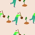 Vector seamless pattern, man with a shovel plants a tree, gardener, worker. Background illustration, decorative design for fabric