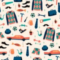 Vector seamless pattern with mans things. Happy Fathers Day concept.