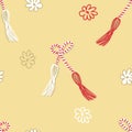 Vector seamless pattern with martisor 1 March spring celebration gift. Print for paper, textile and fabric. Perfect surface design