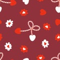 Vector seamless pattern with martisor symbol of spring, hearts and flowers. Print for paper, textile and fabric. Perfect surface