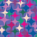 Vector seamless pattern of a maze of blue and lila stars and four corner stars in colors of spring 2022.