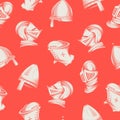 Vector seamless pattern with medieval helmets, sketch style engraving