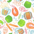 Vector seamless pattern for menu, package, design with drinks, barrel of beer, shrimp, hops and malt