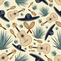 Vector seamless pattern with mexican sombrero hat, guitar, maracas and blue agave plants. Mexican background, wallpaper. Royalty Free Stock Photo