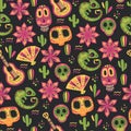 Vector seamless pattern with Mexico traditional celebration decor elements - guitar, skull, chameleon, fan, cactus, flower & abstr Royalty Free Stock Photo