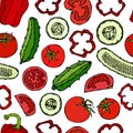 Vector Seamless Pattern with Mini Cucumbers, Red Tomatoes, Bell Pepper and Tomato Slices. Fresh Green Vegetable Salad. Healthy Veg Royalty Free Stock Photo