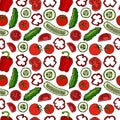 Vector Seamless Pattern with Mini Cucumbers, Red Tomatoes, Bell Pepper and Tomato Slices. Fresh Green Vegetable Salad. Healthy Veg Royalty Free Stock Photo