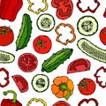 Vector Seamless Pattern with Mini Cucumbers, Red Tomatoes, Bell Pepper and Tomato Slices. Fresh Green Vegetable Salad. Healthy Veg Royalty Free Stock Photo