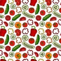 Vector Seamless Pattern with Mini Cucumbers, Red Tomatoes, Bell Pepper and Tomato Slices. Fresh Green Vegetable Salad. Healthy Veg Royalty Free Stock Photo