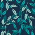 Vector seamless pattern with minimalistic leaves. Botanical background in the blue colors