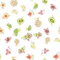 Vector seamless pattern with mixed fruits on a white backgroud. Lifght backdrop. Royalty Free Stock Photo