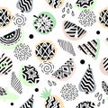 Vector seamless pattern of modern geometric fruits. Exotic summer background. Original hand drawn illustration. Healthy