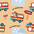 Vector seamless pattern with monkey driving ice-cream trucks. Creative vector childish background for fabric textile nursery