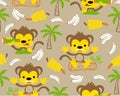 Vector of seamless pattern with monkeys cartoon and banana tree and banana fruits Royalty Free Stock Photo