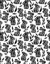 Vector seamless pattern with monochrome decorated rabbits and leaves. Texture with black folk art hares and foliages