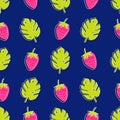 Vector seamless pattern with monstera palm leaves and strawberries