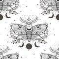 Vector seamless pattern with moth butterfly.Hand-draw illustration. Design tattoo art. With mystic and occult hand drawn symbols