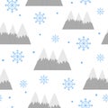 Vector seamless pattern with mountains and snowflakes. Winter repeating background.