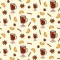 Vector seamless pattern with mulled wine, cinnamon sticks, orange slices