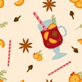 Vector seamless pattern with Mulled wine in flat design. Orange slices, Anise, Cinnamon, Clove, Straw isolated. Autumn and winter