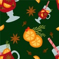 Vector seamless pattern with Mulled wine in flat design. Orange slices, Anise, Cinnamon, Clove, Straw isolated. Autumn and winter