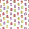 Vector seamless pattern with multi-colored square gifts with bows isolated on a white background
