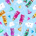 Vector seamless pattern with multi-colored roller skates, smiling clouds