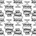 Vector seamless pattern of a multi-tiered cream cake on a stand with a dot texture, hand-drawn in doodle style with a black line