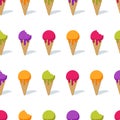 Vector seamless pattern with multicolor ice cream cones. Ice cream or frozen yogurt background.