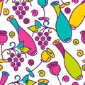 Vector seamless pattern with multicolor wine bottle, glass and g Royalty Free Stock Photo