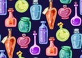 Vector seamless pattern with multicolored bottles with potions and tinctures. Alchemical poisons. Witch antidotes. Texture