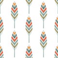 Vector seamless pattern of multicolored feathers on a white background, Indian flat style