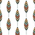 Vector seamless pattern of multicolored feathers on a white background, Indian flat style in vintage colors