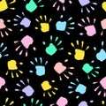 Vector seamless pattern. Multicolored handprint. Joyful hand print. Funny background. Handprint baby. Colorful backdrop. Modern tr