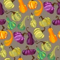 Vector seamless pattern of multicolored pumpkins in a flat style on a gray background. Perfect for autumn seasonal