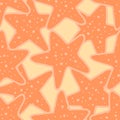 Vector seamless pattern of multiple orange starfish on top of each other on a sand-colored background for a summer