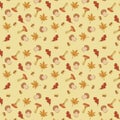 Vector seamless pattern with mushrooms and autumn/fall leaves.