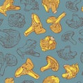 Vector seamless pattern with mushrooms on a blue background.