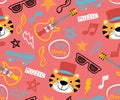 Vector seamless pattern of music and skateboard elements with cute tiger cartoon Royalty Free Stock Photo