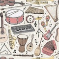 Vector seamless pattern with musical instruments. Royalty Free Stock Photo