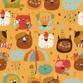 Seamless pattern with muzzles cats and autumn elements
