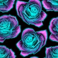 Vector seamless pattern with mysterious neon glowing roses background Royalty Free Stock Photo