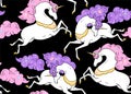 Vector seamless pattern with mythical animals. Galloping cute white unicorns with golden horn, pink and lilac mane, tail