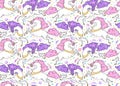 Vector seamless pattern with mythical animals. Galloping cute white unicorns with golden horn, pink, violet mane, tail.