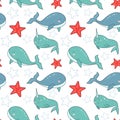 Vector seamless pattern on the nautical theme in children's style. Whale, sea turtle, starfish and sperm whale Royalty Free Stock Photo