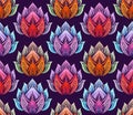 Vector seamless pattern with neon color tribal lotuses on violet background. Mystical tracery floral texture for fabric. Sacred