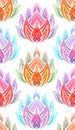 Vector seamless pattern with neon color tribal lotuses on white background. Sacred colorful wallpaper with water lilies