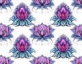 Vector seamless pattern with neon color tribal lotuses on white background. Sacred colorful wallpaper with water lilies