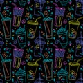 Vector seamless pattern with neon like various linears cocktail glasses with straws, bubbles and ice cubes. Colorful Royalty Free Stock Photo