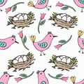 Vector seamless pattern with nest, birds. Hand drawn spring easter background Royalty Free Stock Photo